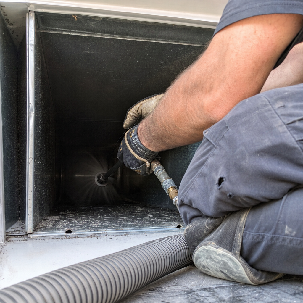 Technician using professional equipment for residential air duct cleaning