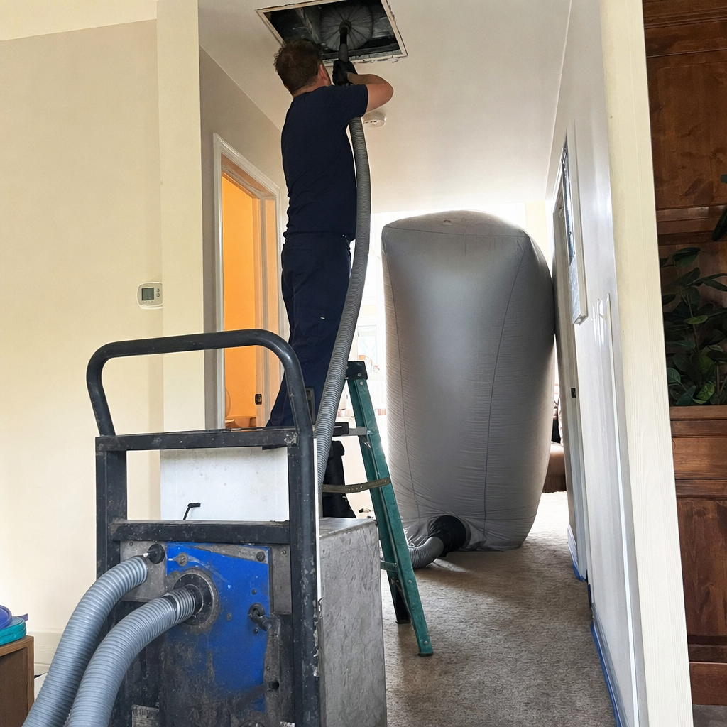 Technician using professional equipment for residential air duct cleaning service.