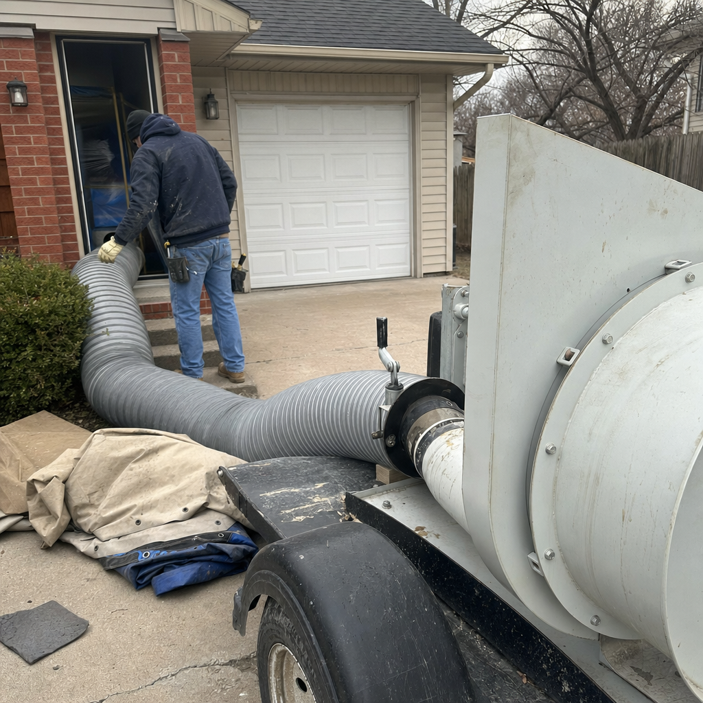 Technician performing residential air duct cleaning with a professional vacuum machine