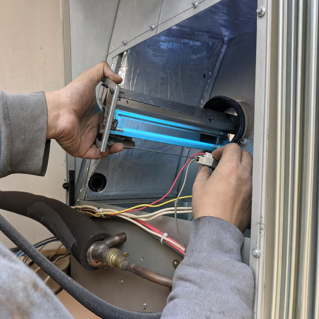 HVAC technician installing UV light for air duct sanitizing in Eudora, KS