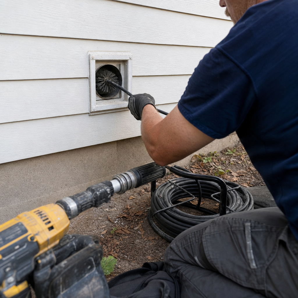 Technician using a rotary brush to clean an exterior dryer vent