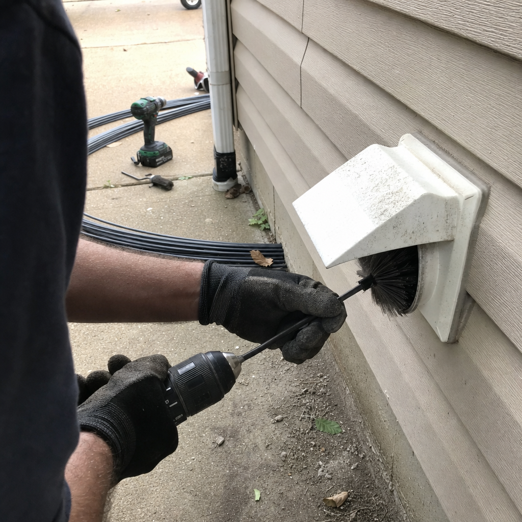 Technician using a rotating brush to perform professional dryer vent cleaning