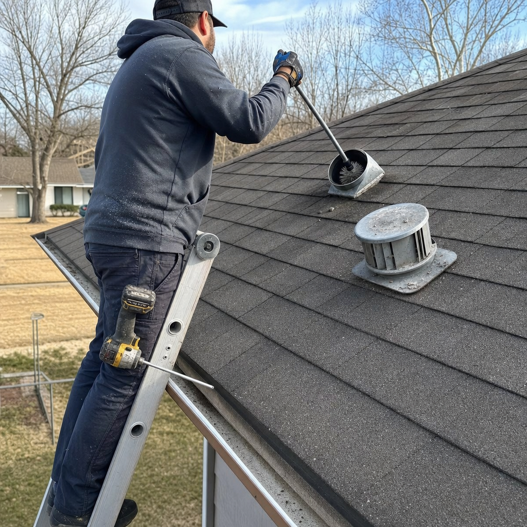 Technician performing professional dryer vent cleaning on a residential roof