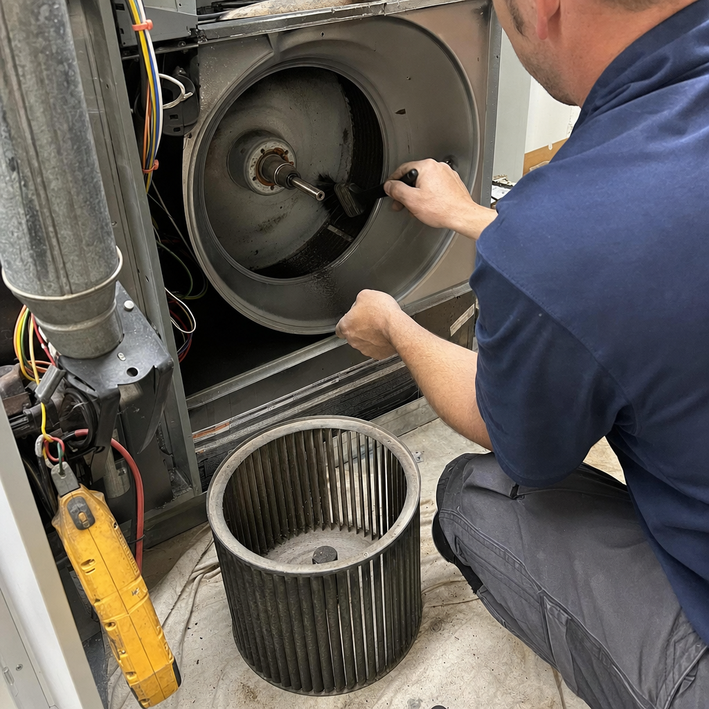 HVAC technician cleaning the inside of a furnace blower cabinet