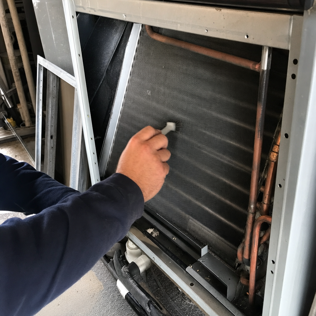 HVAC technician cleaning dusty air conditioner evaporator coils with a brush