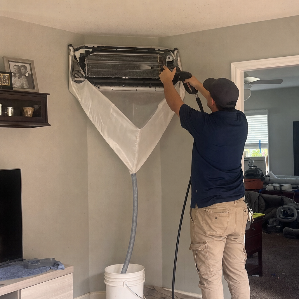 HVAC technician deep cleaning a wall-mounted mini-split unit with professional equipment